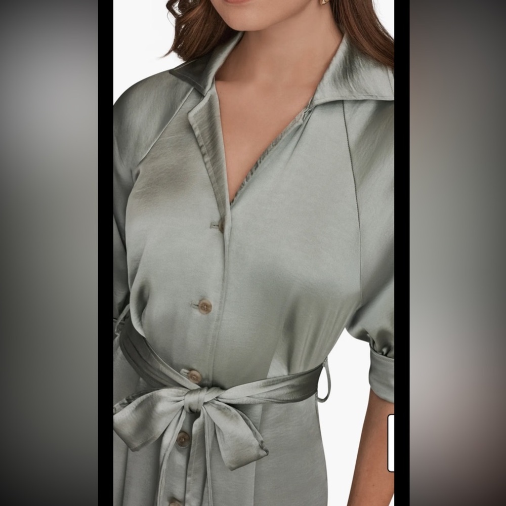 Donna Karan Satin Midi,belted Shirt Dress, Sz 10,New , Weathered Sage - Picture 4 of 11